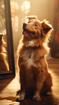 beautiful dog looking in the mirror, dog looking at its reflection in the mirror, generative ai