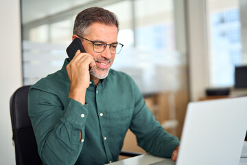 Middle aged businessman making call on cellphone using laptop in office. Smiling busy mature old...