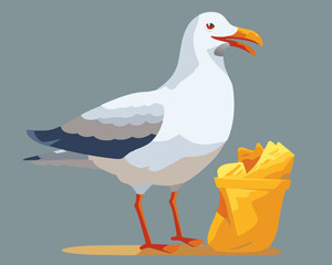 A seagull sitting next to a bag of chips