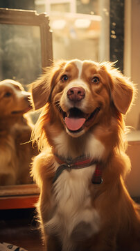 beautiful dog looking in the mirror, dog looking at its reflection in the mirror, generative ai