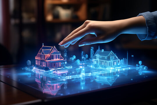 a concept holo 3d render model of a small living house on a table in a real estate agency. signing mortgage contract document and demonstrating. futuristic business. blurry background. Generative AI