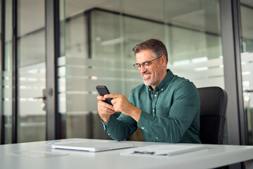 Smiling mid aged businessman executive using cell phone at work desk. Happy busy mature older...