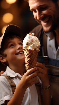 father and son eating ice cream, father's day, generative ai