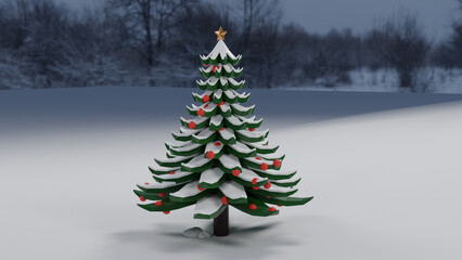  Low poly Christmas tree. Holiday card template. Winter landscape with snow.