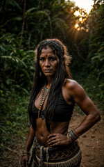 Obraz na płótnie Canvas photo of savage barbaric tribal in the jungle , generative AI
