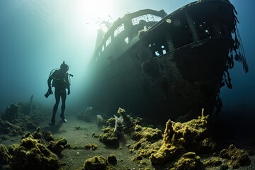 Wreck of the ship with scuba diver