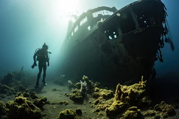 Poster de jardin Naufrage Wreck of the ship with scuba diver