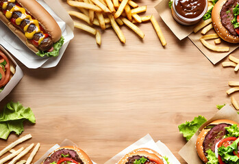 top view of fast food in wooden table with copy space ai generated - obrazy, fototapety, plakaty