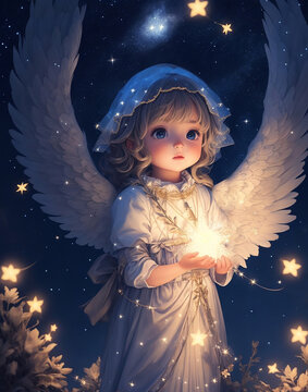 An illustration of a baby angel holding lights, a fictional person, manga art, Generative AI