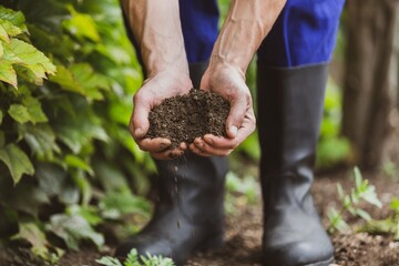 Hands farmer planting seeds in soil on garden background