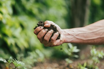 Farmer checks soil. Organic gardening concept.