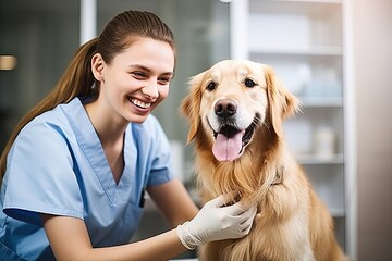 Veterinarian with a dog in the clinic. Female Caucasian veterinary doctor checks the health of a Labrador Retriever dog. Love for pets and concern for their health.