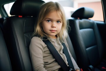 Little Scandinavian girl in a child car seat wearing a seatbelt while traveling by car