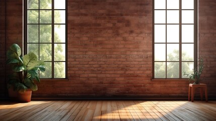 Generative AI : Empty room with big window in loft style. Wooden floor and brick wall in a modern...