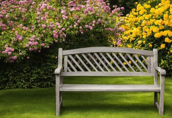 garden bench surrounded by blooming flowers.