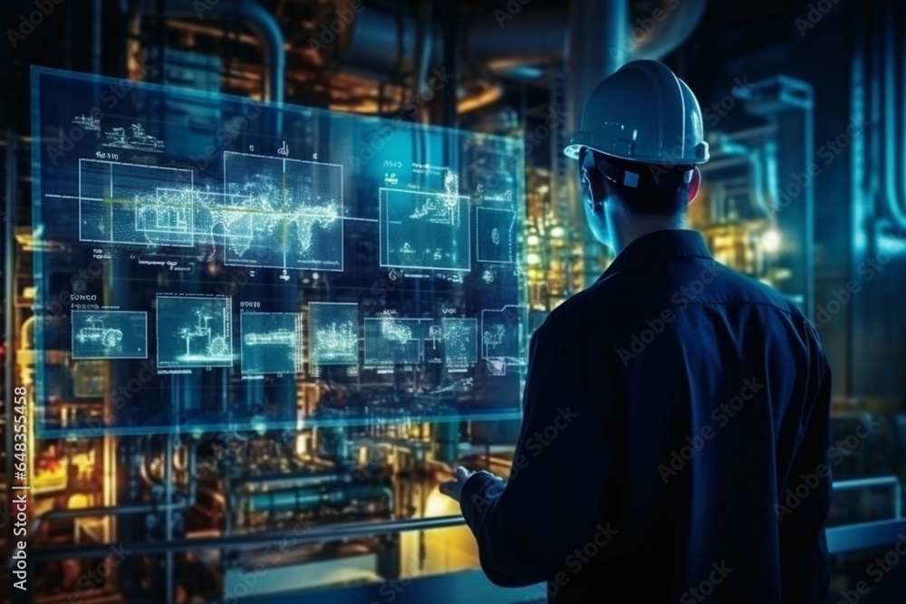 Aufkleber generative ai : male and female asian engineers are using modern computer interface about refineries