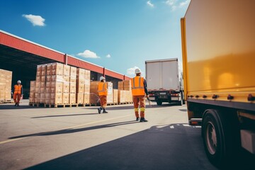 Generative AI : Outside of Logistics Distributions Warehouse: Diverse Team of Workers use Hand Truck Loading Delivery Van with Cardboard Boxes, Online Orders, E-Commerce Purchases.