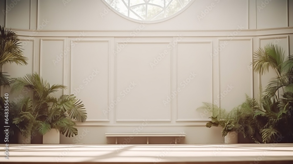 Aufkleber Generative AI : Abstract white studio background for product presentation. Empty room with shadows of window and flowers and palm leaves . 3d room with copy space. Summer concert. Blurred backdrop.