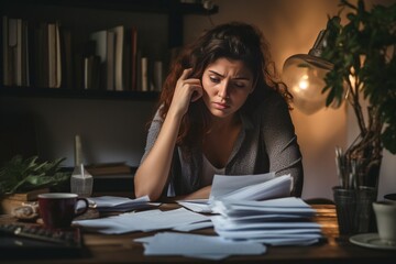Generative AI : A stressed young woman reviewing her bills, reflecting financial strain during a recession