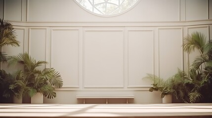 Fototapeta premium Generative AI : Abstract white studio background for product presentation. Empty room with shadows of window and flowers and palm leaves . 3d room with copy space. Summer concert. Blurred backdrop.
