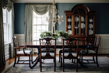 Fototapeta na wymiar A Timeless Colonial Dining Room: Embracing Dark Wood Furniture and Classic Patterns