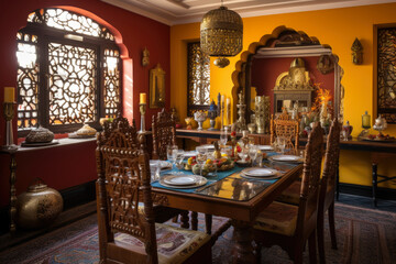 Fototapeta na wymiar A Vibrant and Intricately Patterned Traditional Indian Dining Room Interior