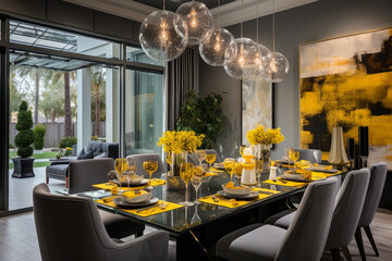 Elegant Dining Room Decorated in a Harmonious Blend of Gray and Yellow Tones
