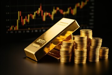 Generative AI : Gold bullion on pile gold coins at trading chart background