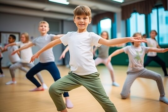 Generative AI : The kids at dance school. Ballet, hiphop, street, funky and modern dancers over studio background. Children showing aerobic element. Teens in hip hop style. Sport, fitness and lifestyl
