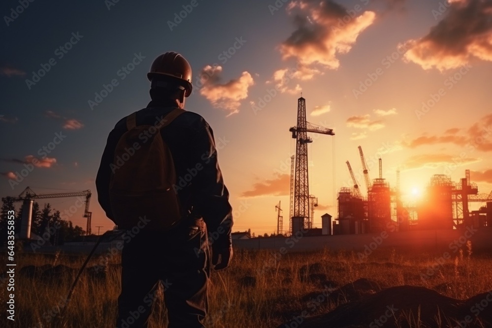 Poster Generative AI : Silhouette of engineer standing in the field construction.