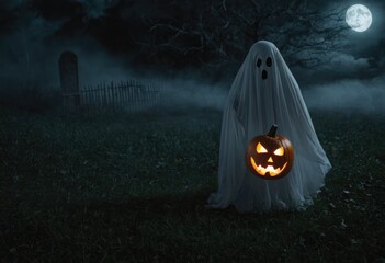 ghost trying to scare a pumpkin - obrazy, fototapety, plakaty