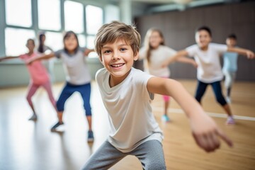 Generative AI : The kids at dance school. Ballet, hiphop, street, funky and modern dancers over studio background. Children showing aerobic element. Teens in hip hop style. Sport, fitness and lifestyl