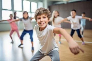 Fotobehang Dansschool Generative AI : The kids at dance school. Ballet, hiphop, street, funky and modern dancers over studio background. Children showing aerobic element. Teens in hip hop style. Sport, fitness and lifestyl