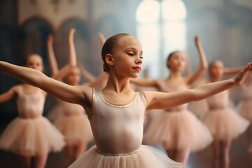 Generative AI : Choreographed dance by a group of graceful pretty young ballerinas practicing...