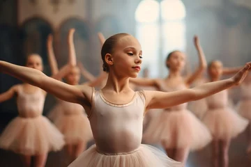 Tuinposter Dansschool Generative AI : Choreographed dance by a group of graceful pretty young ballerinas practicing during class at a classical ballet school