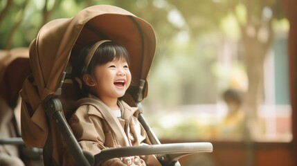 Generative AI : Happy baby sitting in a stroller Blurred background of a shady public garden