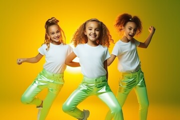 Generative AI : Happy children dancing. Group of children, little girls in sportive casual style clothes dancing in choreography class isolated on green background in yellow neon light. Concept of mus