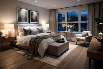 Fototapeta premium Cozy and Chic Urban Haven: A Contemporary Bedroom Interior with Sleek Furniture, Ambient Lighting, and Modern Design Elements