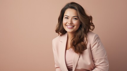 Fototapeta premium Generative AI : Charming plus size businesswoman wearing a grey jacket and dress looking at the camera and standing