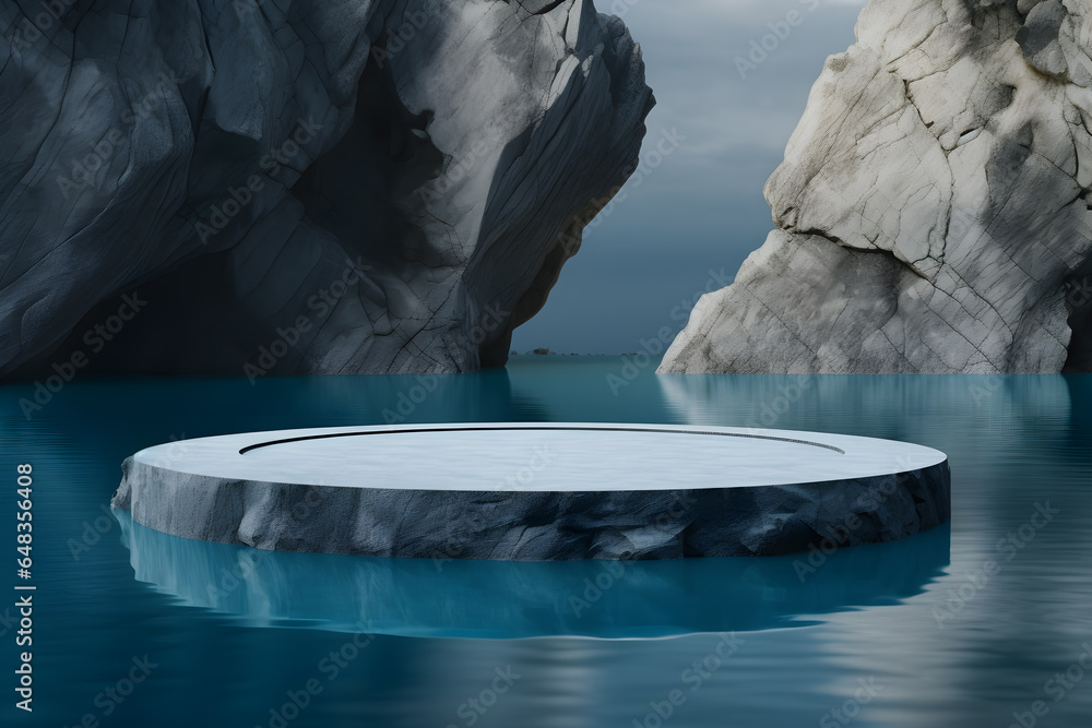 Poster azure water with stone podium stand for product display presentation, 3d empty minimal blank stage i