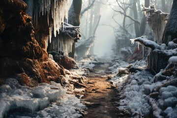 A photograph of a winter forest with a snow-covered trail and icicles on trees