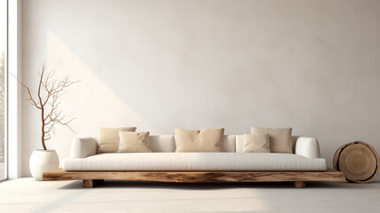 Fototapeta na wymiar シンプルな部屋にナチュラルな木のソファー
