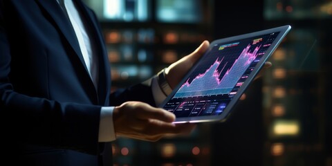 Businessman holding tablet and analysis stock market, currency exchange and banking, showing a growing virtual hologram of statistics, graph and chart.