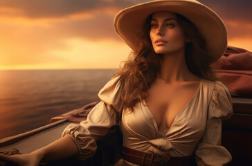 woman wearing a brown dress and hat on a yacht