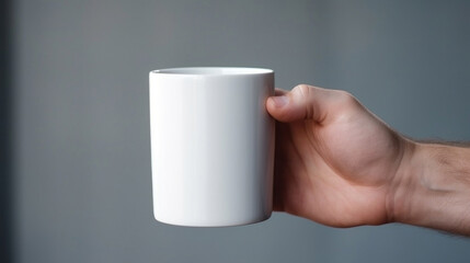 A man holds a white mug with space for text or logo