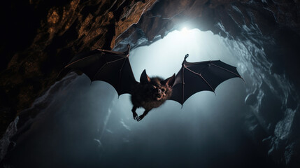 A bat flies from a dark night cave, through the cracks of which soft moonlight seeps.