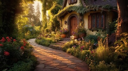 Obraz premium A Cottage Oasis Amidst Wild Home Garden and Pathway. Generative AI 4