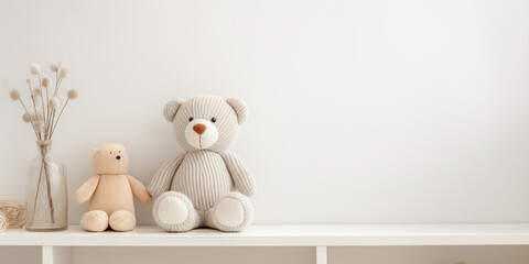 Modern minimalistic baby room, neutral colors, toy bear - obrazy, fototapety, plakaty