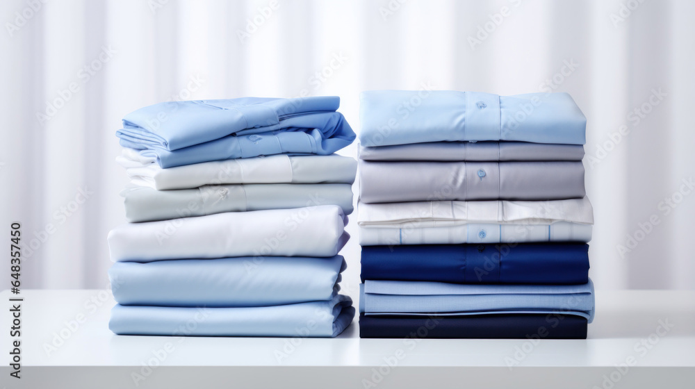 Poster folded clothes in stacks of various simple blue placed on a table on a light background