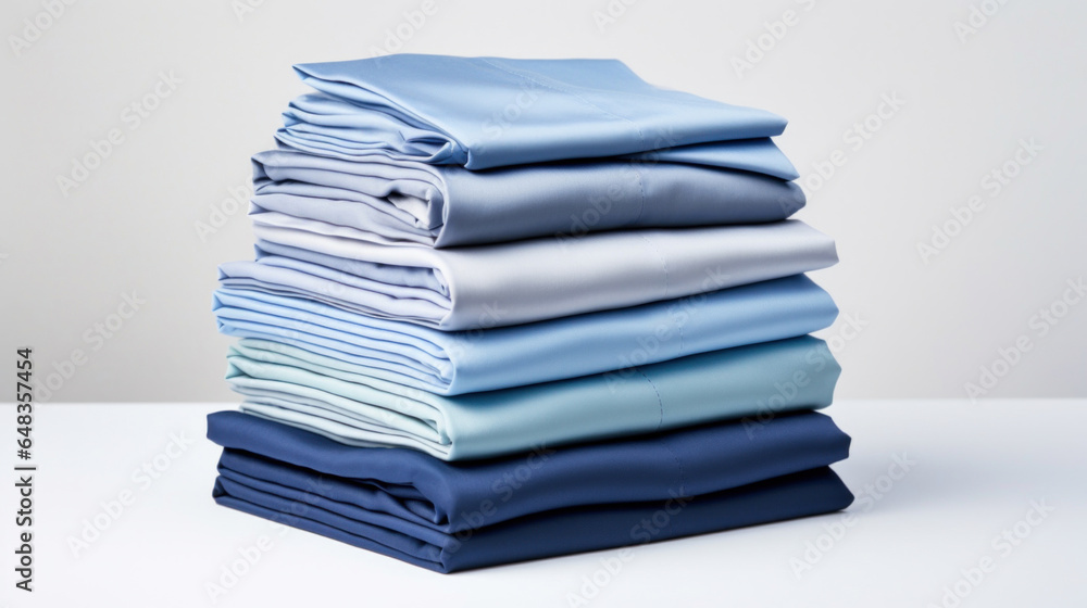 Poster folded clothes in stacks of various simple blue placed on a table on a light background